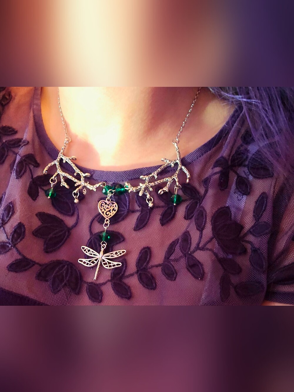 Silver Dragonfly and Heart Branch Necklace with Green Beads